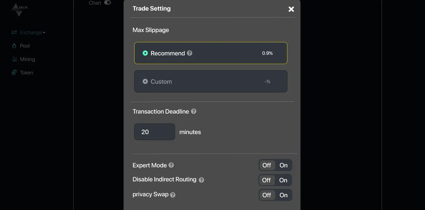 Delta Crypto Swap: screen 2