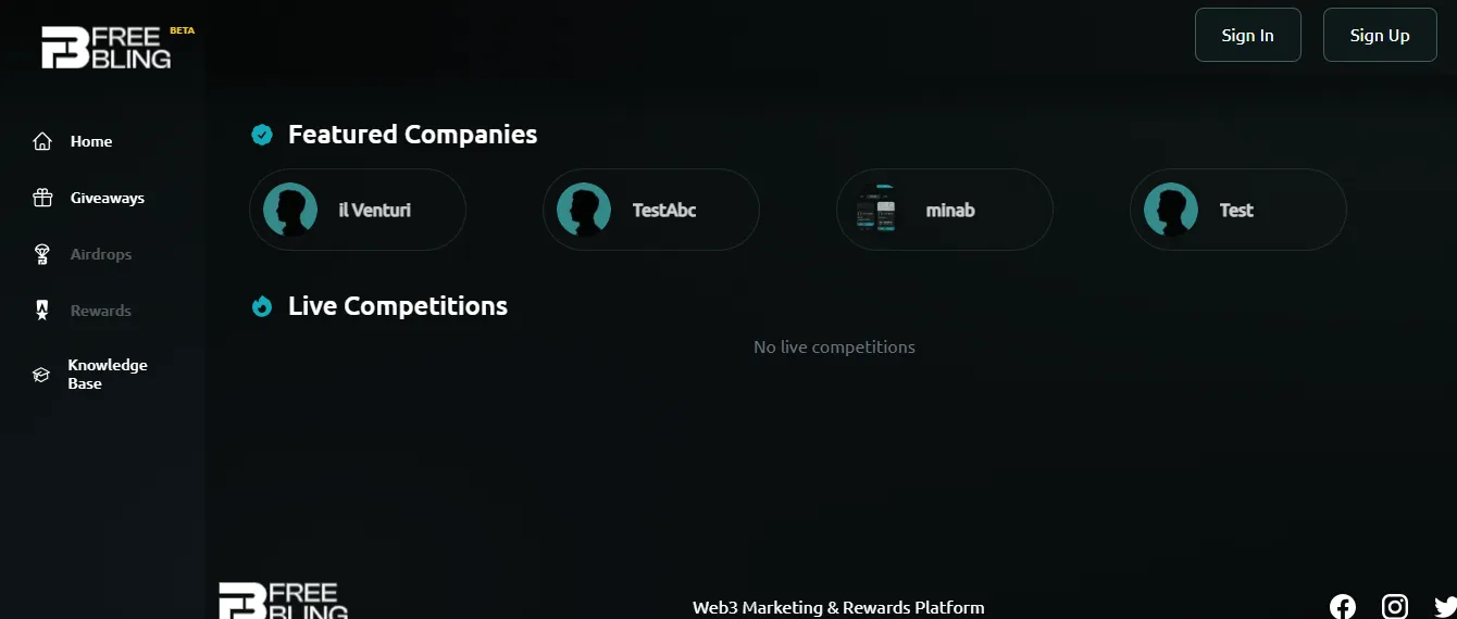 Free Bling airdrop platform: screen 1